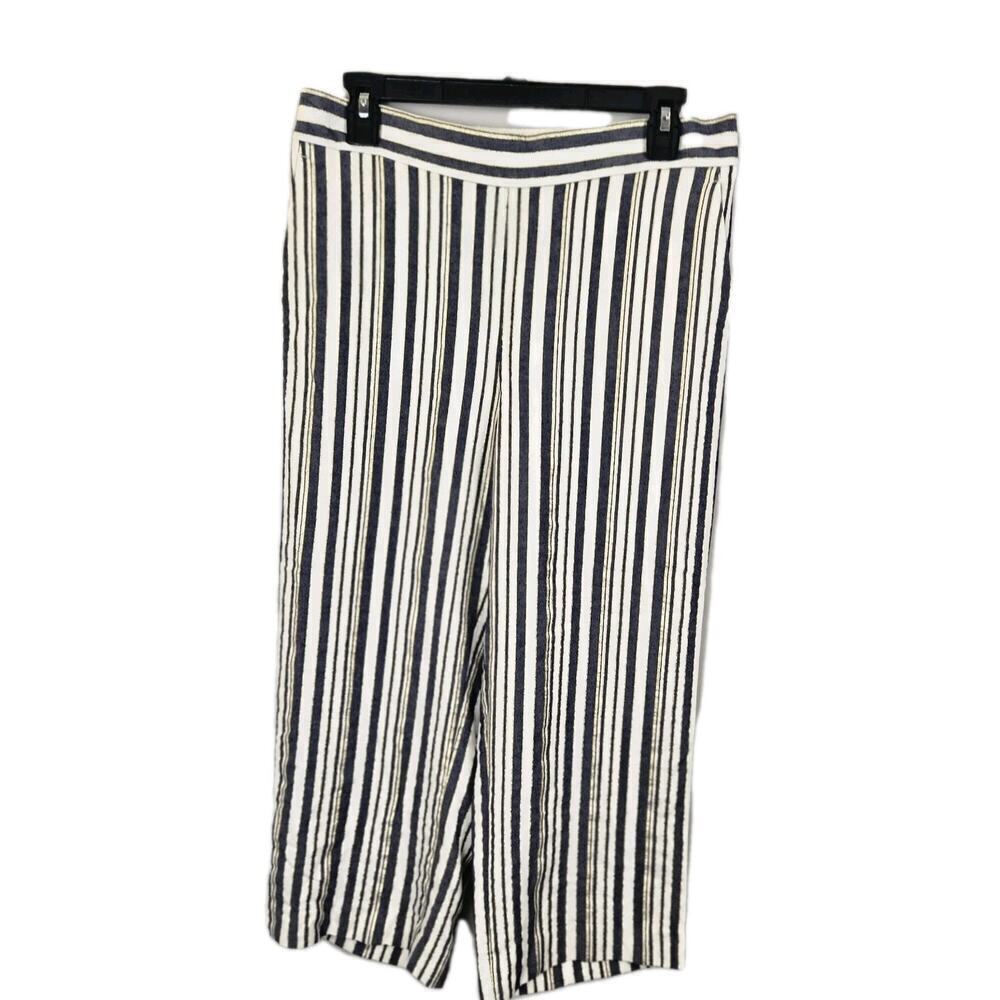 Loft Women's Striped Wide Leg Pull On Cropped Pants PETITE MED Gold Accents